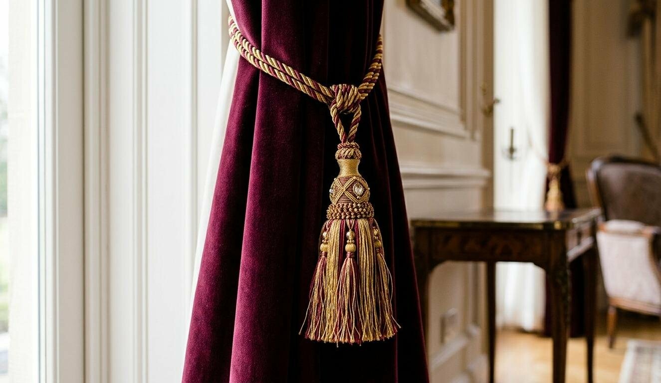 Декоративные витые кисти-подхваты для штор из золотистого шнура с бахромой | Welwet