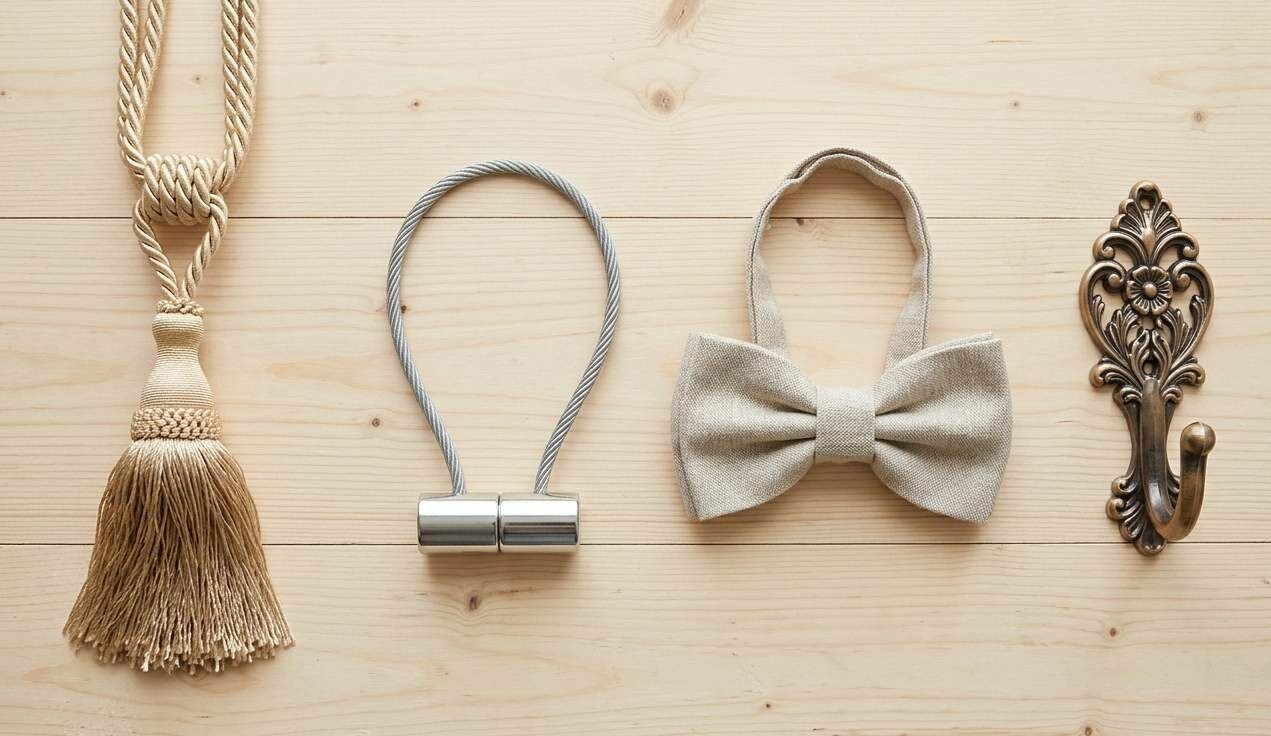 Разные виды подхватов для штор: шнуровая кисть, магнитный подхват, текстильная лента и металлический крючок | Welwet